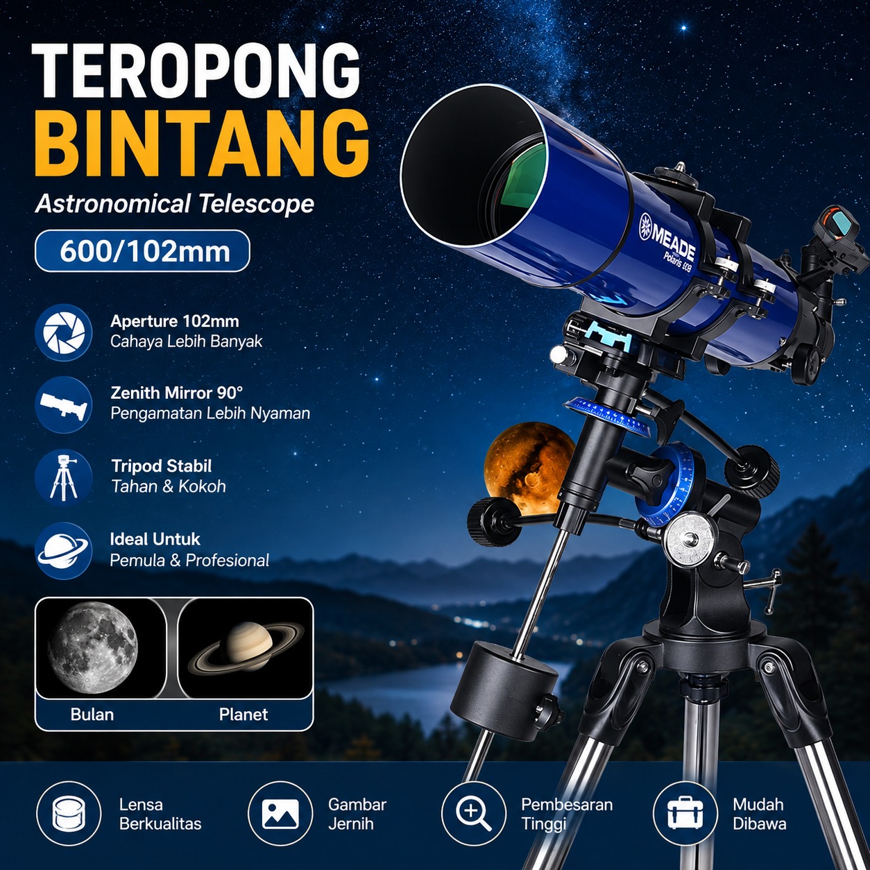 MEADE Teropong Bintang Astronomical Telescope Zenith Mirror 600/102mm - 102EQ