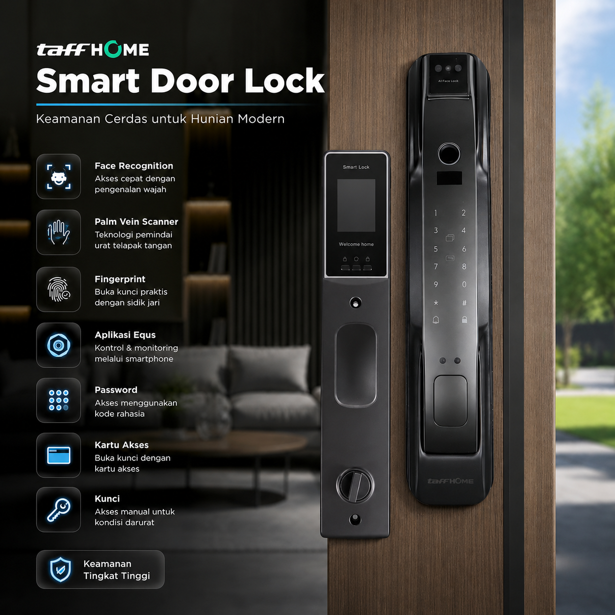 TaffHOME Smart Door Lock Fingerprint 3D Face Recognition Card Eques - YS-3D
