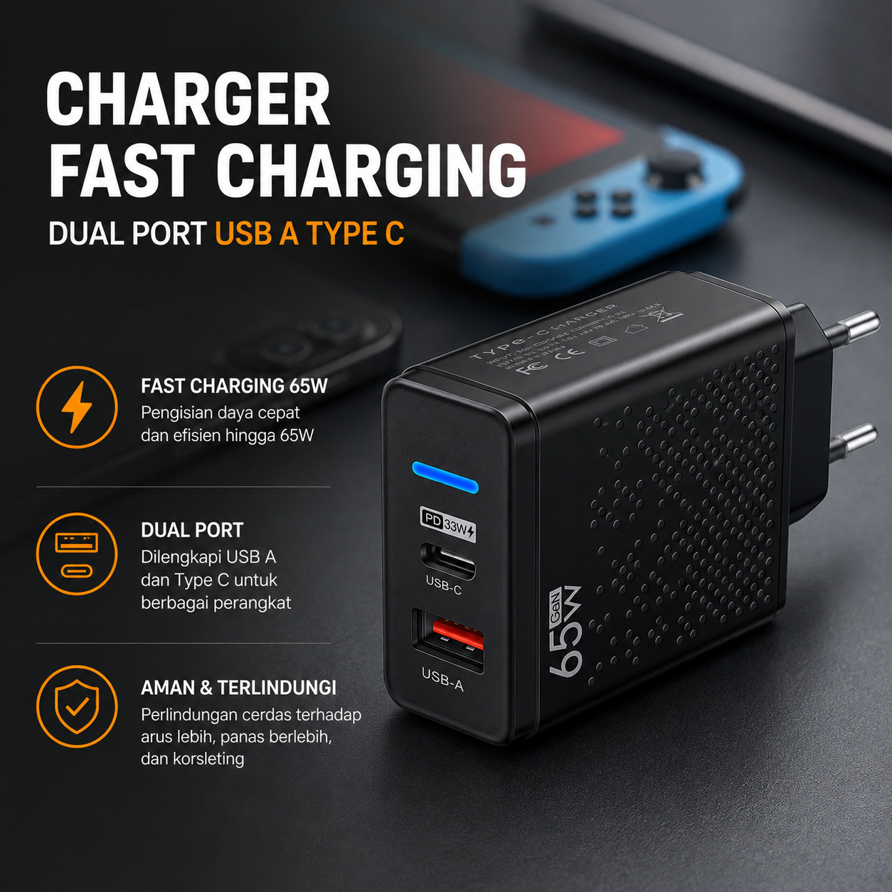 Aubess Kepala Charger Fast Charging Dual Port USB A Type C 65W - GAN001
