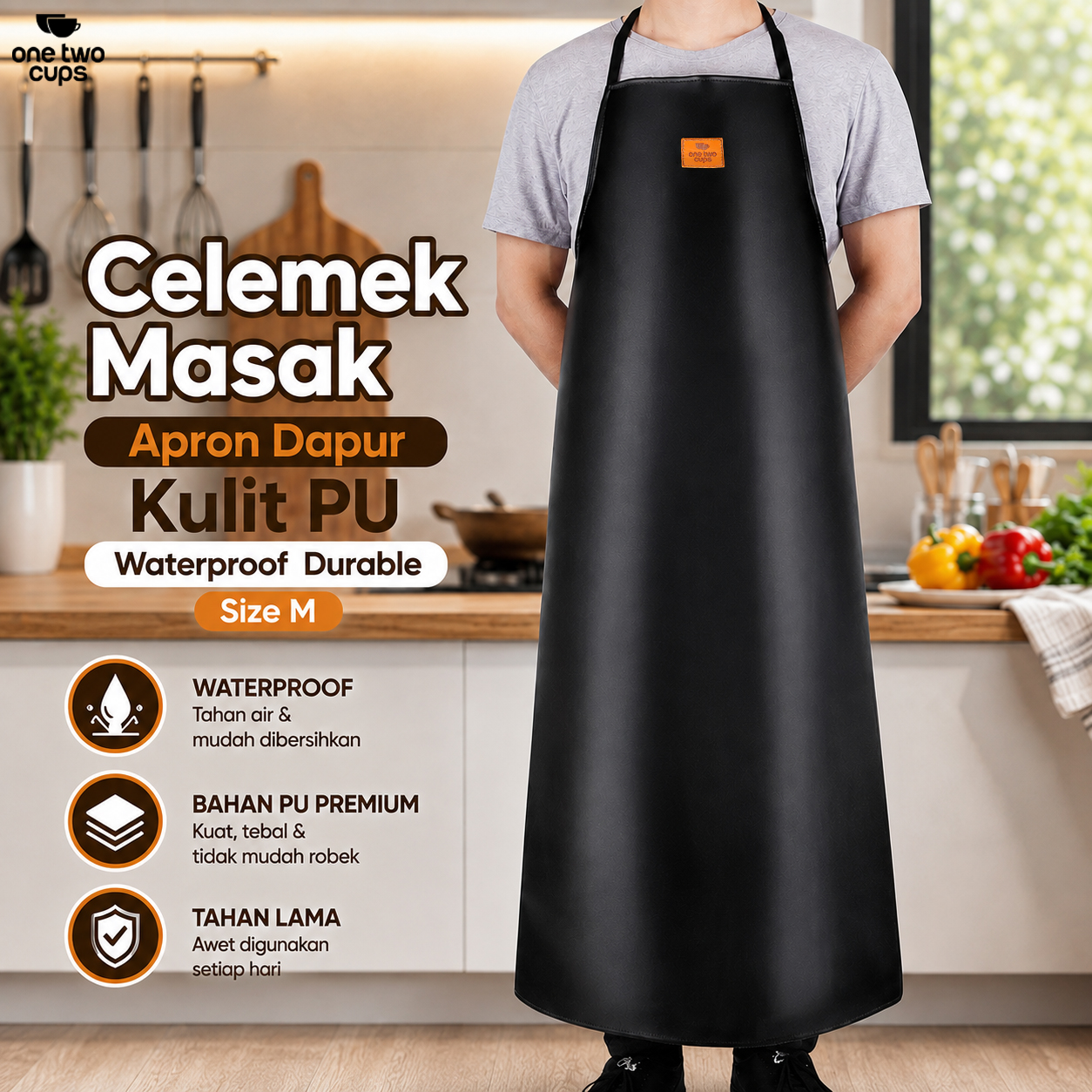 One Two Cups Celemek Masak Apron Dapur Kulit PU Waterproof Durable - ZHAP