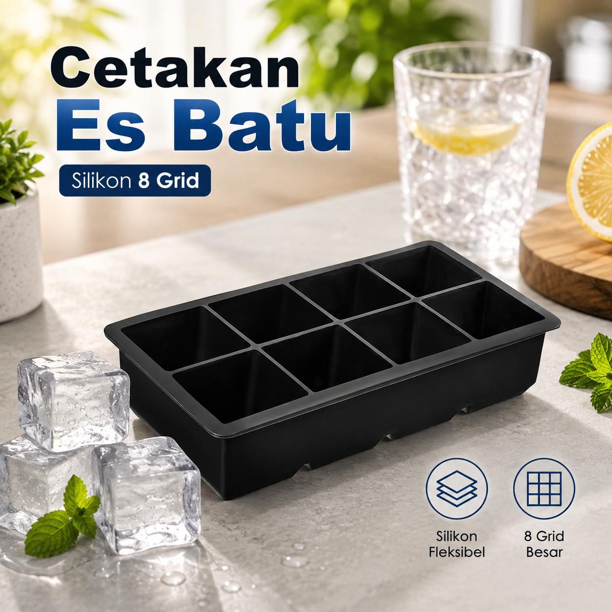 TaffHOME Cetakan Es Batu Silikon Kotak 8 Grid Ice Cube Tray - DB88