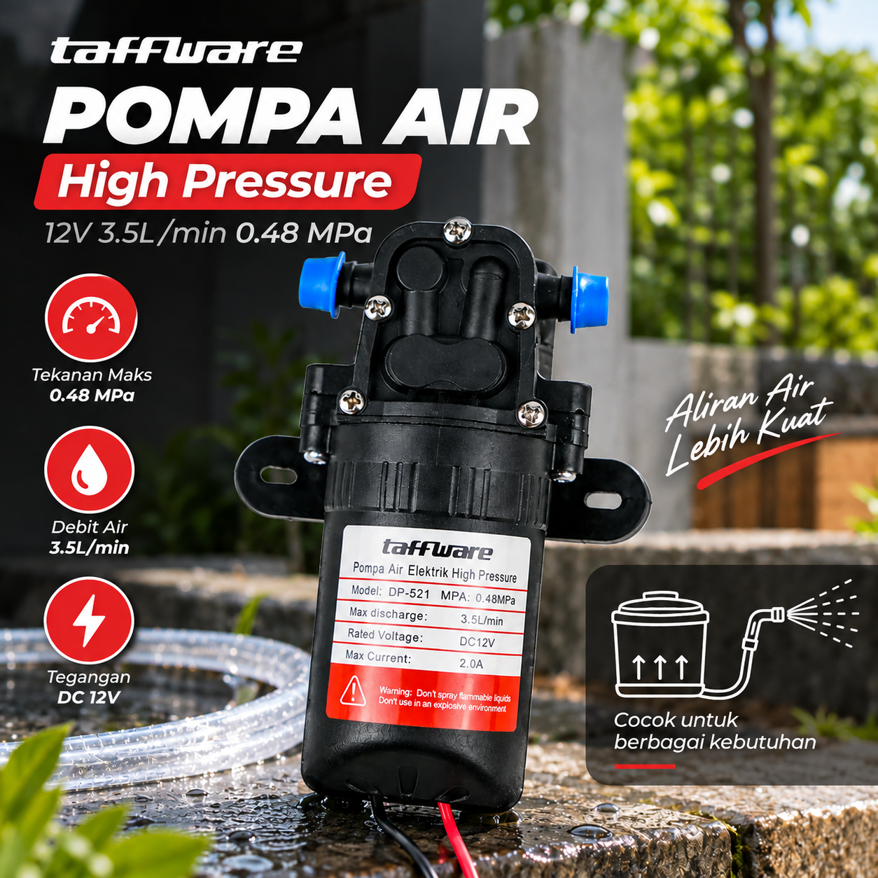 Taffware Pompa Air Elektrik High Pressure Water Pump 12V 3.5L/min - DP-521