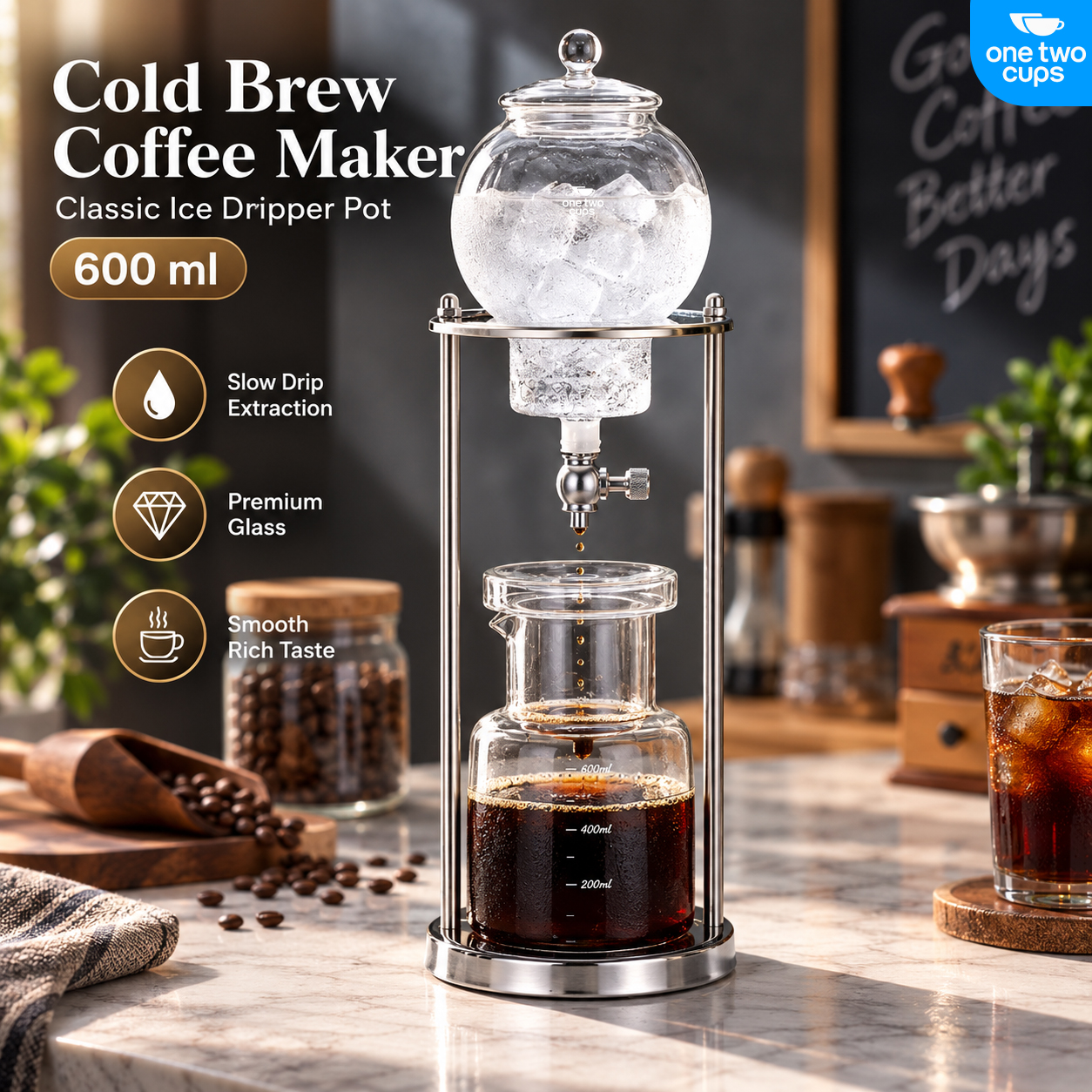 One Two Cups Cold Brew Coffee Maker Classic Ice Dripper Pot 600ml - AO865
