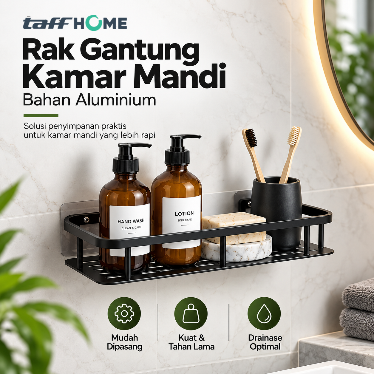 TaffHOME Rak Gantung Kamar Mandi Bathroom Organizer Rack Aluminium - D30