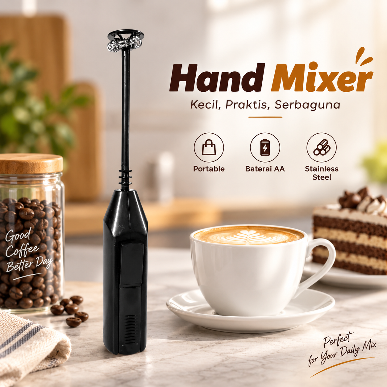 One Two Cups Hand Mixer Mini Pengocok Telur Kopi Milk Frother Battery - HMP35