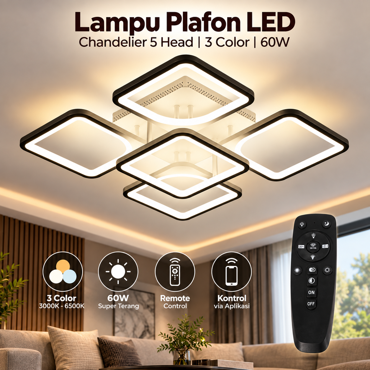 TaffLED Lampu Plafon LED Chandelier Remote App 5 Head 3 Color 60W - IR-41