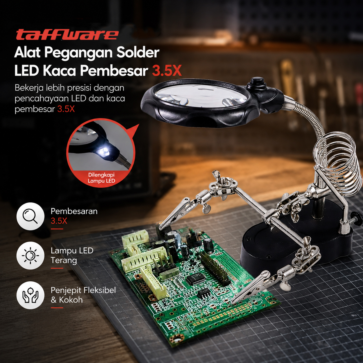 Taffware Alat Pegangan Solder Helping Hand LED Kaca Pembesar 3.5X - TE-801