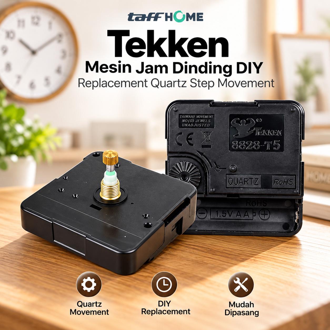 TaffHOME Tekken Mesin Jam Dinding DIY Replacement Quartz Step Movement - 8828-T5