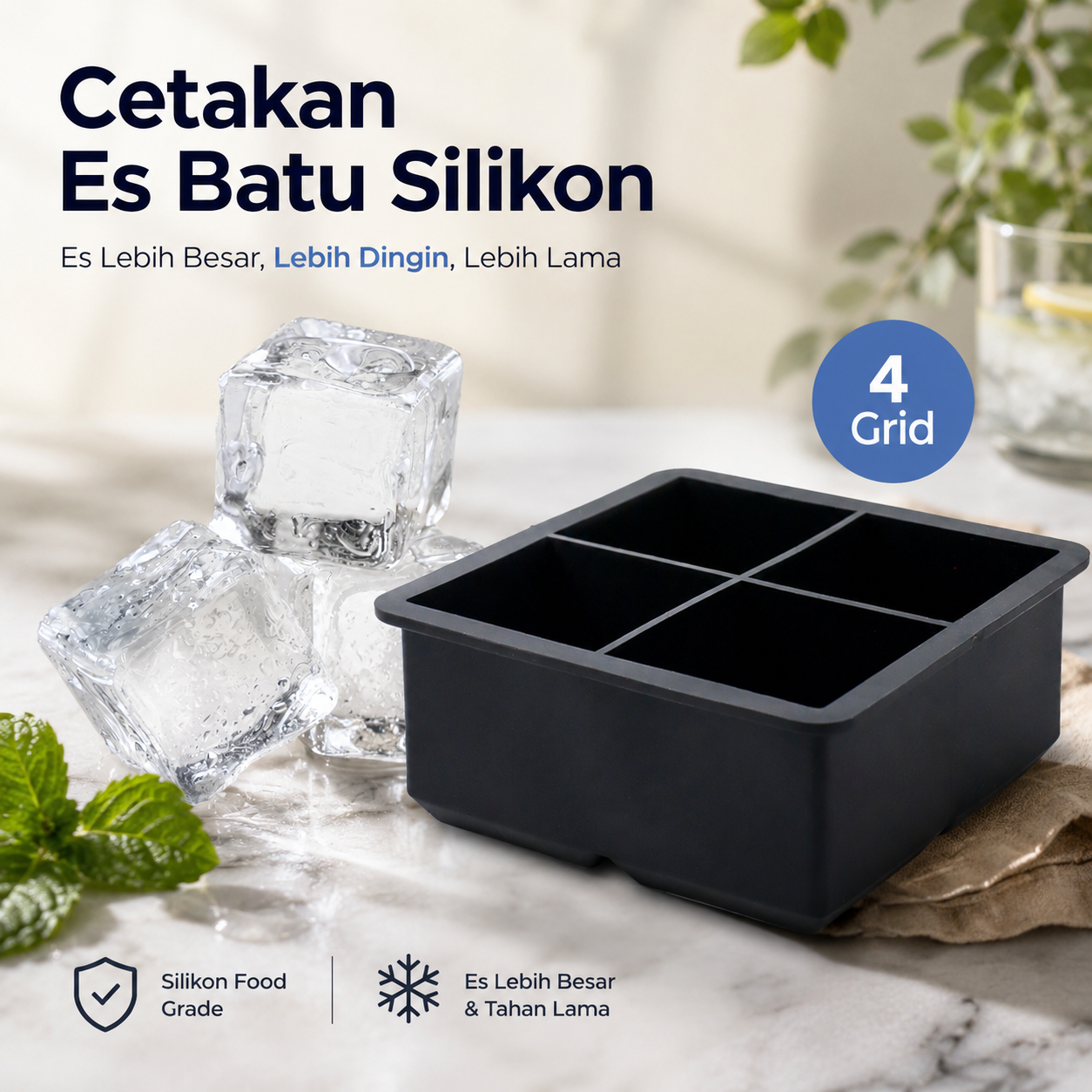 TaffHOME Cetakan Es Batu Silikon Kotak 4 Grid Ice Cube Tray - SSGP4