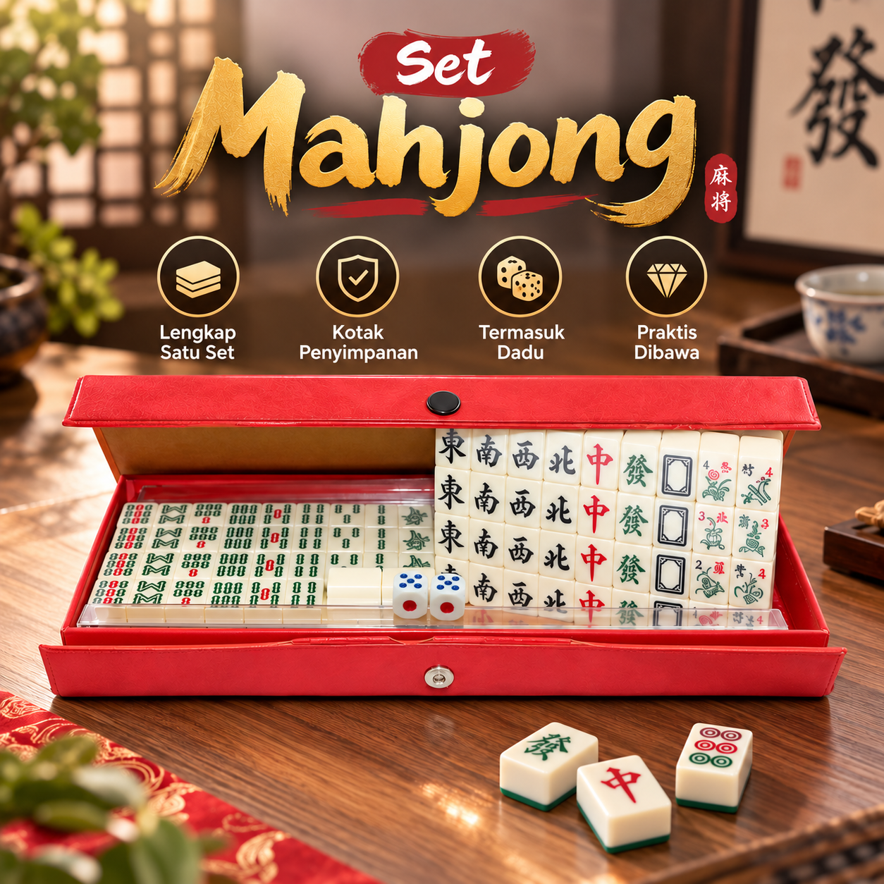 MOJIA Mahjong Set Portable Melamine 20mm 144 Tile with Dice Tile Rules - 31BE