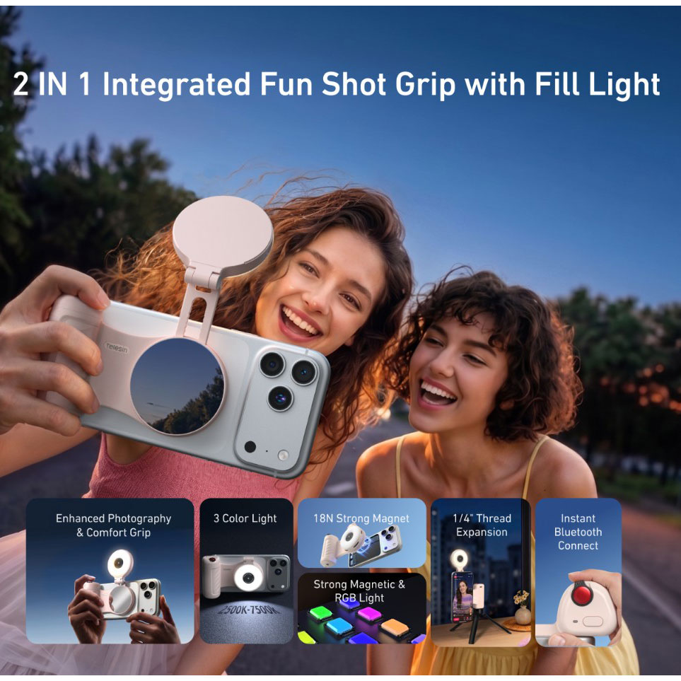 TELESIN FunShot Magnetic Camera Grip with RGB 360 Selfie Light Mirror - P5-MP-005WH