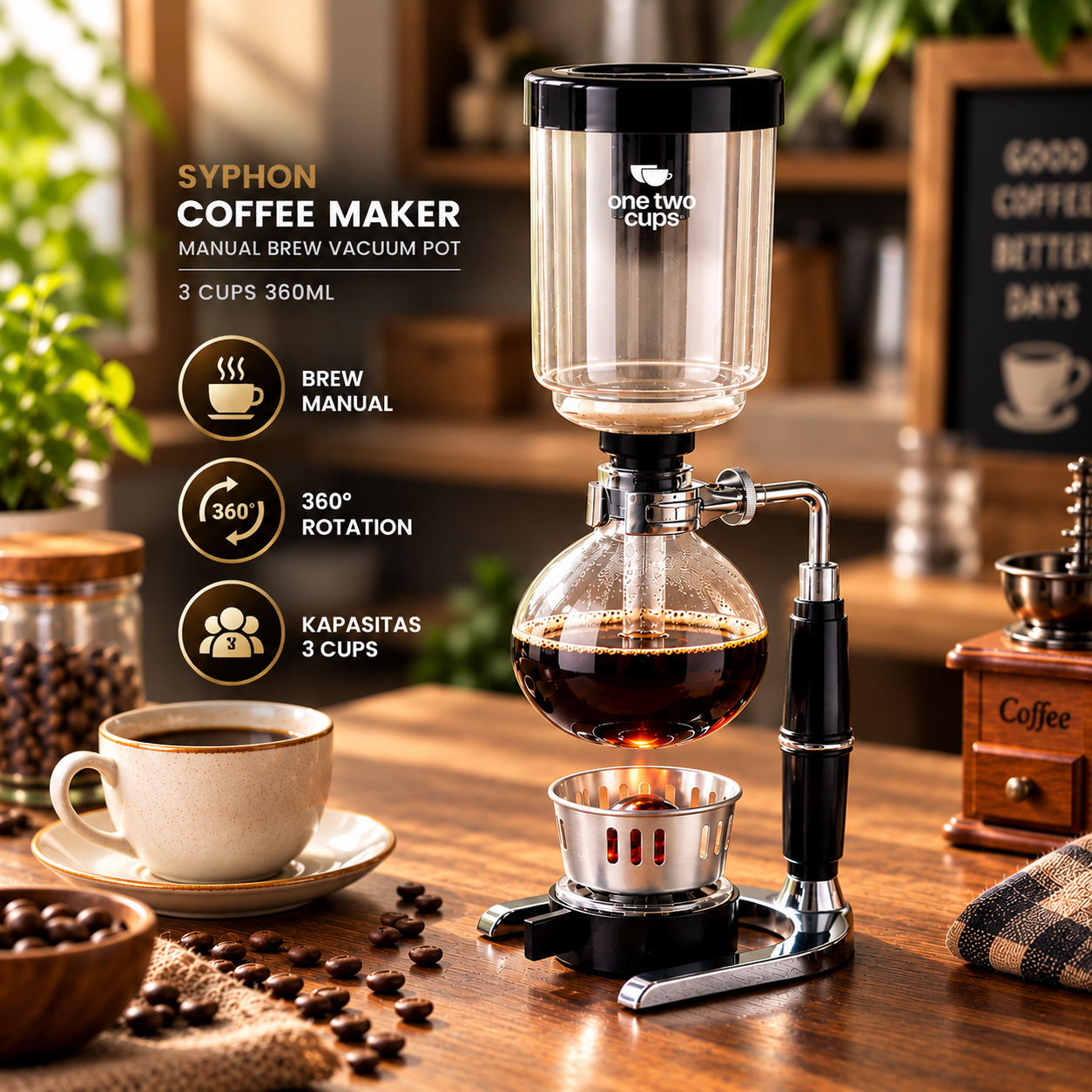 One Two Cups Syphon Coffee Maker Manual Brew Vacuum Pot 3 Cups 360ml - JF33