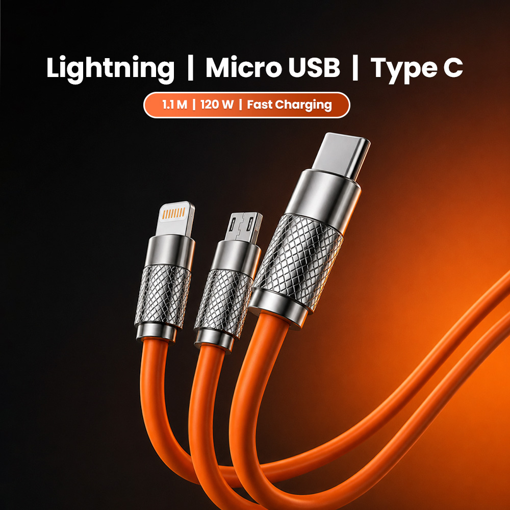 Kabel Charger 3in1 Lightning Micro USB Type C 120W 6A 1.1M - D8